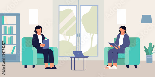 Two women in armchairs appear to be in a therapy or counseling session