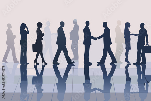 Silhouettes of business people walking and interacting in a modern setting