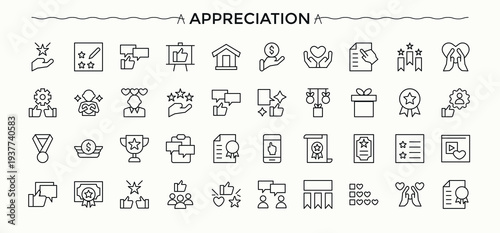 Appreciation icon set. Includes thin line symbols positive, comment, review, rating, survey, feedback and more. Testimonial line icon set. Thin icons set. Pixel perfect. Editable vector.