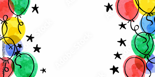 Colorful balloons and stars create a festive celebratory border design