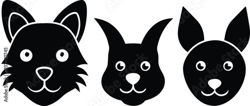Animal face silhouette icons, cat dog rabbit bear