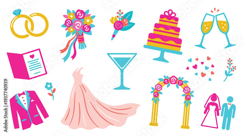A vibrant collection of wedding-themed icons, including rings, a bouquet, a cake, and attire, presented in a playful, colorful style.