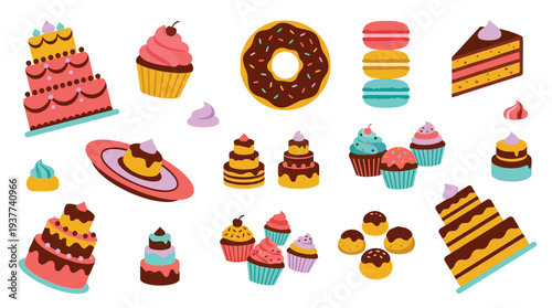 A vibrant collection of assorted cakes, cupcakes, donuts, and macarons, showcasing a delightful array of sweet treats in various shapes and colors.