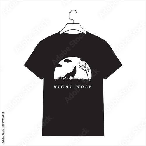 This item is a black graphic t-shirt featuring a "Night Wolf" design, often available from various custom apparel brands  a  silhouette vector   background wight .