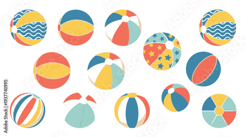 A vibrant collection of colorful beach balls with various patterns and designs, scattered across a white background.