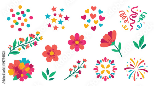 A vibrant collection of colorful floral elements, confetti, stars, hearts, and streamers, perfect for festive designs and celebrations.