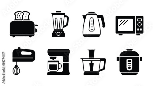 Black kitchen appliance icons on white background