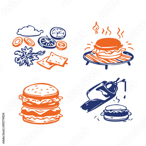 Hand drawn burger illustration set in handmade organic style featuring burger ingredients, grilled burger, and burger preparation elements. Minimal two-color sketch perfect for restaurant menus, fast 