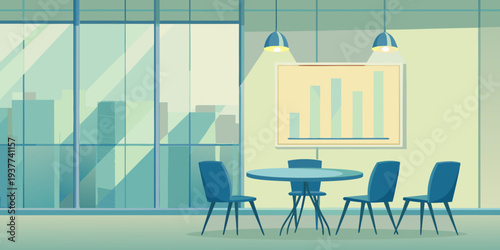 Minimalist office space with a table chairs and city view illustration