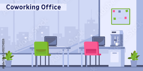 Modern coworking space with colorful furniture and a city view