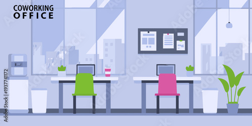 Modern coworking space with desks plants and a city view