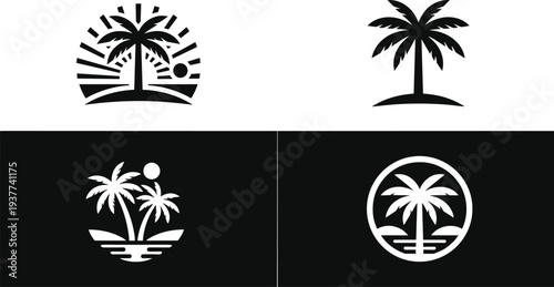 Palm tree tropical beach sunset icons set, summer island logo silhouettes travel vacation vector illustration collection