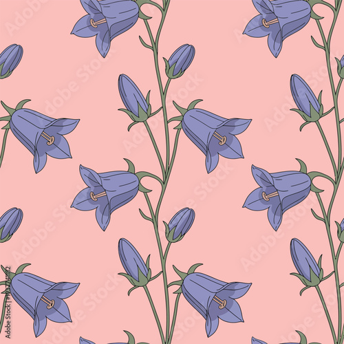Blue Bellflower Pattern on Pink Background campanula