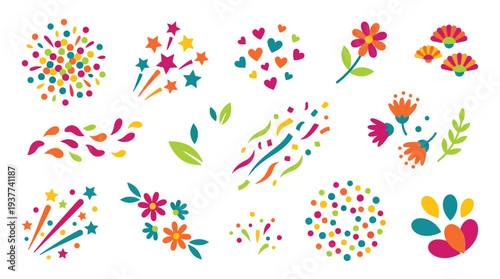 A vibrant collection of colorful abstract festive elements, including fireworks, confetti, and floral designs, perfect for celebrations and decorations.