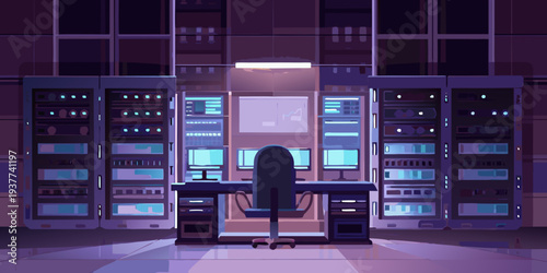 A dimly lit server room with a person working at a computer