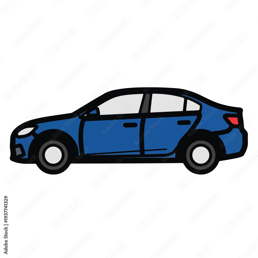 Obraz premium Blue sedan car side view in simple graphic style