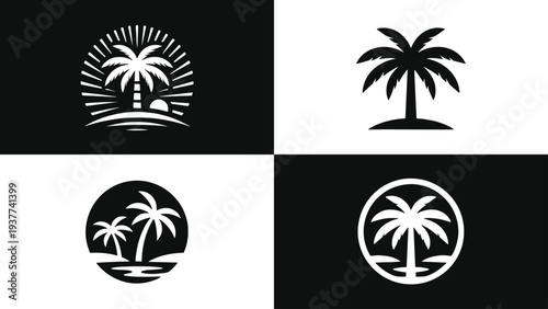 Palm tree tropical beach sunset logo icons set, summer island travel vacation vector illustration collection