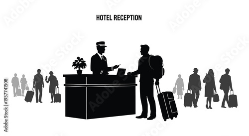 A hotel reception scene depicts guests checking in with staff rendered as a striking silhouette high quality professional