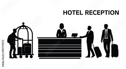 A hotel reception scene depicts guests checking in with staff and luggage a flat silhouette high quality professional