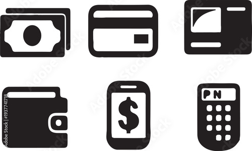 Black and white icons representing money cards and financial transactions