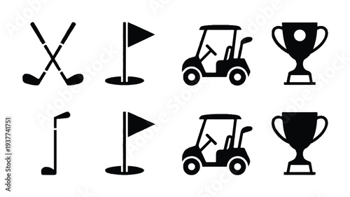 Black silhouettes of golf icons including clubs flags carts and trophies