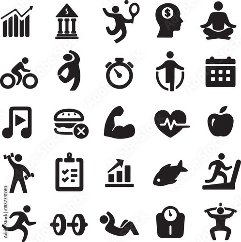 Collection of diverse black silhouette icons representing lifestyle and activity