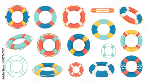 A collection of colorful life preservers and safety rings in various designs and sizes, isolated on a white background.