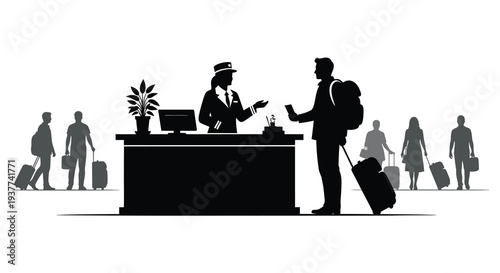 A busy airport check in scene with travelers and staff depicted in a dark silhouette high quality professional detailed