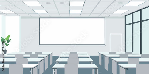 Empty classroom with a blank projection screen and rows of desks