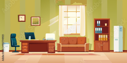 A brightly lit home office with a desk sofa and appliances