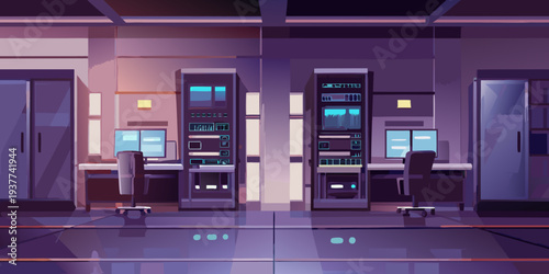 A dimly lit server room with rows of computer equipment and chairs