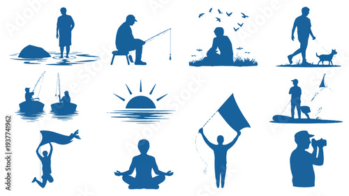 blue silhouette icons of people doing various activities on white background