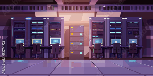 A brightly lit server room with rows of computers and workstations