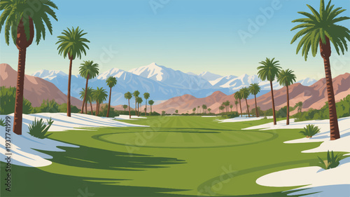 Golf course with palm trees on sand bunkers mountain range and blue sky background sunny golfing landscape