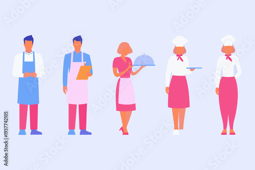 Restaurant staff illustration featuring chefs and servers in uniform