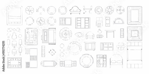 Collection of hand drawn furniture and architectural element top down views