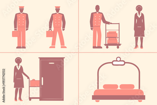 Hotel staff and services depicted in a minimalist flat style