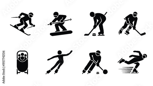 Black silhouettes of various winter sports athletes in action on white background