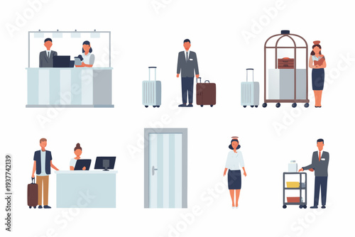 Hotel staff assisting guests with luggage and check in procedures