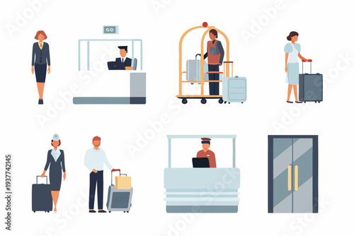 Hotel staff and guests a collection of flat vector illustrations