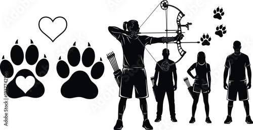 Archery hunter silhouettes with bow arrow, dog paw prints and heart symbol vector illustration sport set