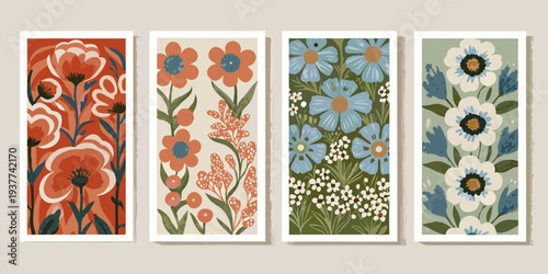 Four botanical art prints displaying colorful floral arrangements in vertical format