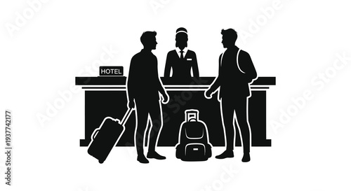 A black silhouette depicts hotel guests checking in at the front desk with luggage silhouette high quality professional
