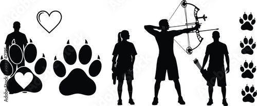 Archery hunter silhouettes with dog paw prints and heart symbols, outdoor hunting sport vector illustration set