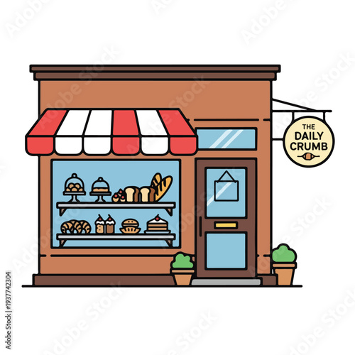 Colorful bakery storefront with striped awning and sign