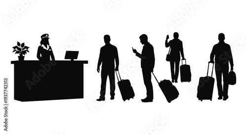 A hotel reception desk scene with travelers and staff depicted in a dark silhouette high quality professional detailed