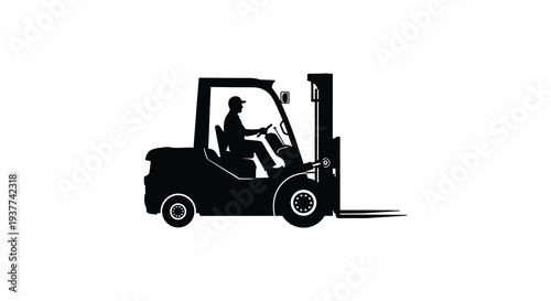 A stark black silhouette depicts a forklift truck operated by a worker in a cap silhouette high quality