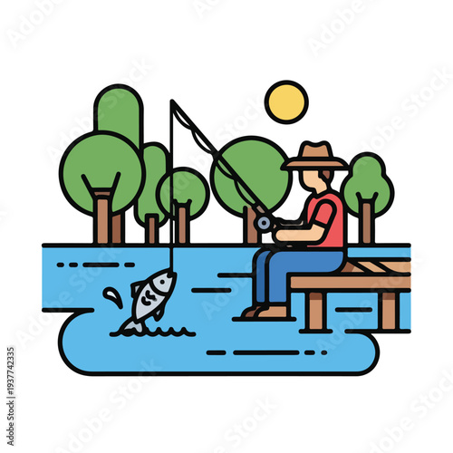 Man fishing on a dock with trees and a sunny sky
