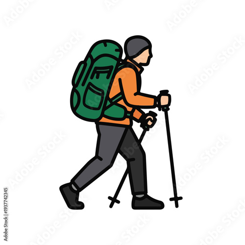Hiker with backpack and trekking poles walking on a trail
