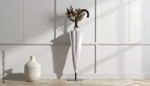 Elegant composition closed silver umbrella, dried flowers, vase, and wood floor against white wall